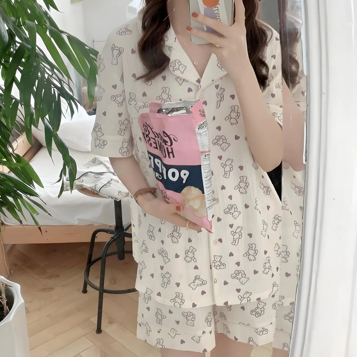 Kawaii أنيمي ميفي أرنب الكرتون منامة مع قلب بناتي الصيف فضفاضة رقيقة تنفس قصيرة الأكمام السراويل ملابس المنزل مجموعة #3