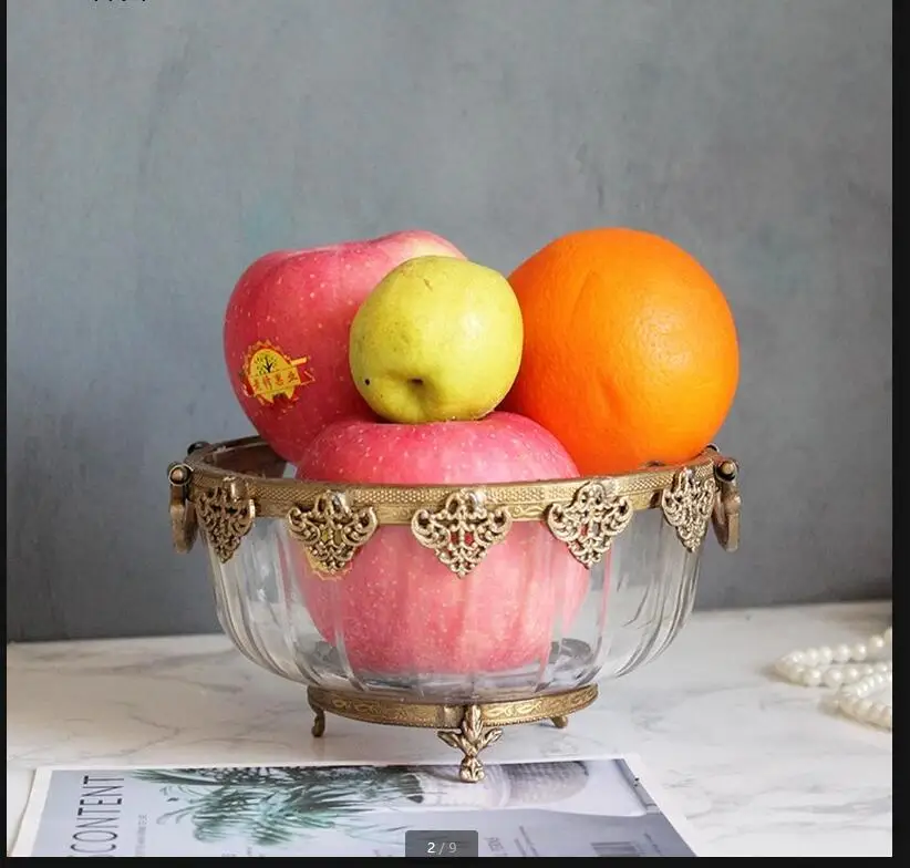 

Binaural Fruit Bowl Brass Crystal Glass Plate Decorative Storage Tray Salad Bowls Snack Cake Pan Dessert