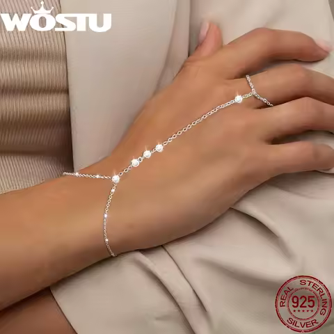 WOSTU Real 925 Sterling Silver Shiny CZ Zircon Long Tassel Chain Link Ring Bracelets For Women Wedding bridal jewelry Gift