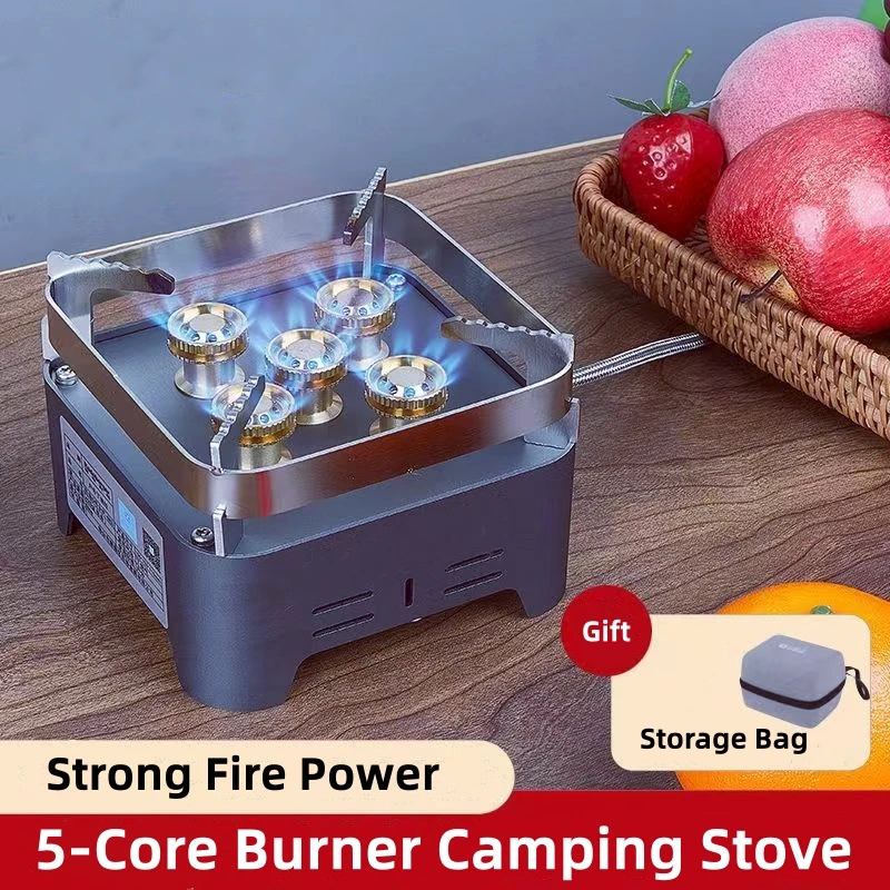 

New 5 Core Strong Fire Power Camping Stove Windproof Tourist Burner Portable Outdoor Gas Stove Hiking Picnic Cooking Cookware