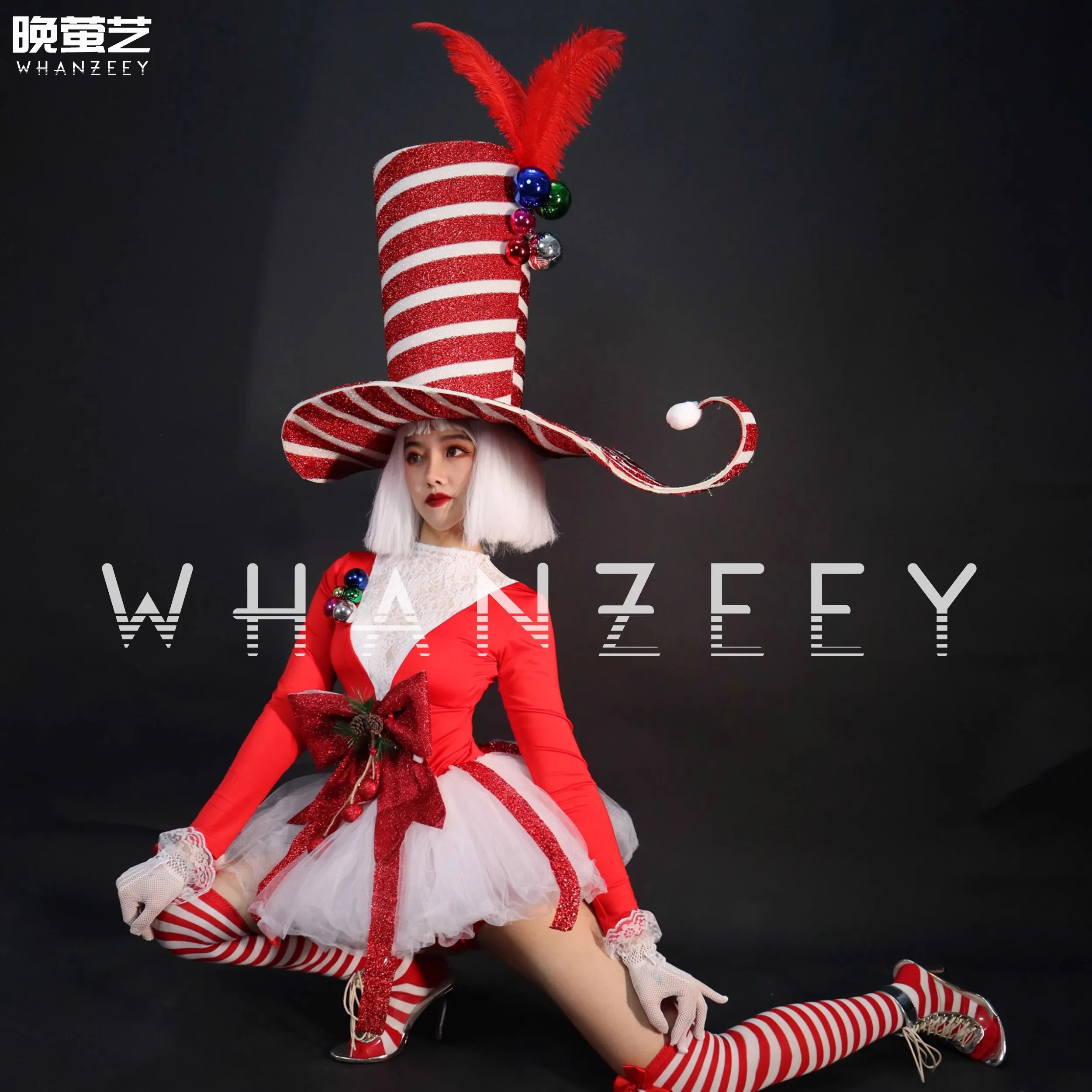 Bar Gogo Kerstkostuum Rood Wit Gestreept Overdreven Grote Hoed + Outfits Carnaval Parade Dsds Zanger Dans Podiumfeest Prom Wear