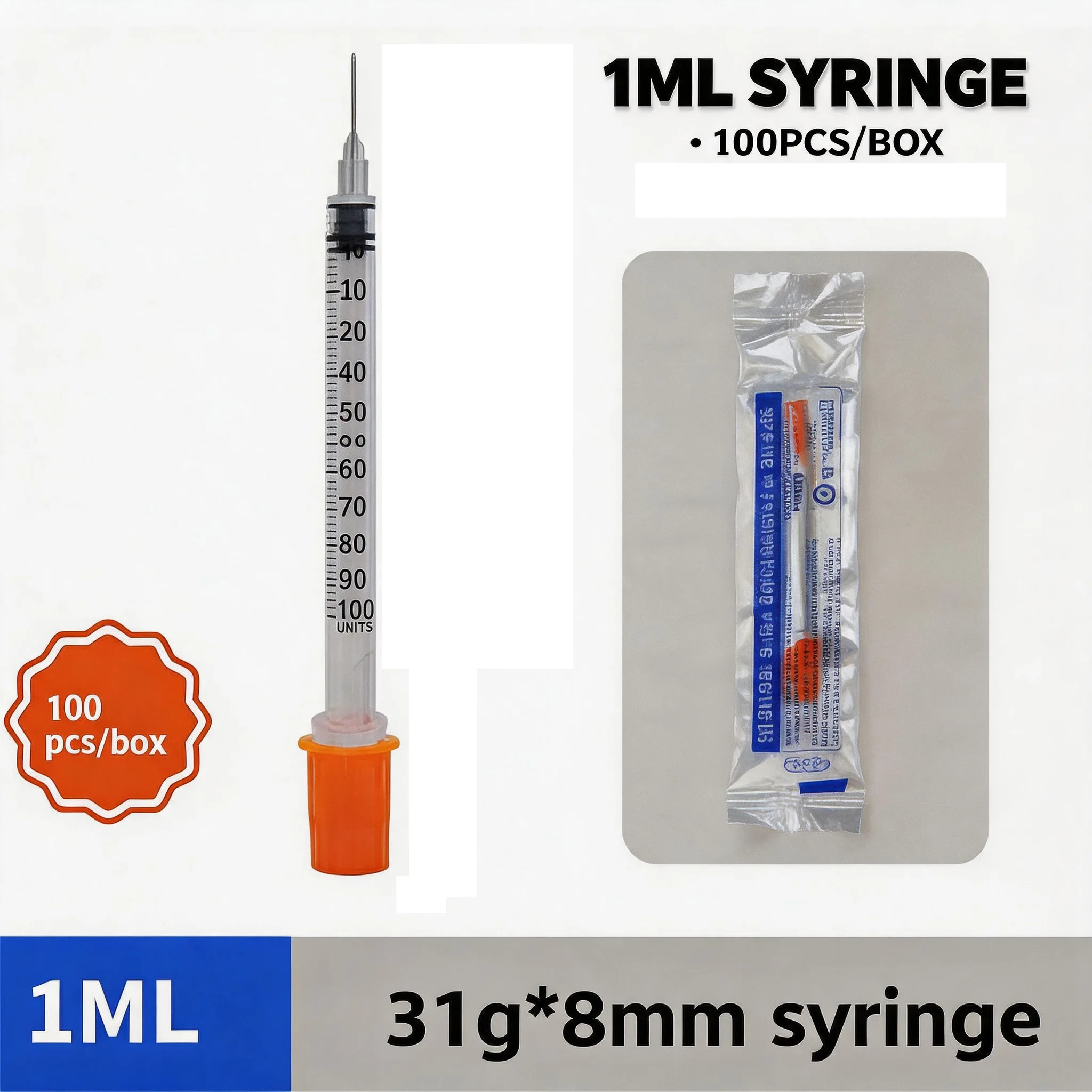 Individually Sealed Packaging 100pcs 0.5/1ml Disposable Syringes with 31Ga 8mm Stainless Needles Lab Measuring Tool Pet Feeding