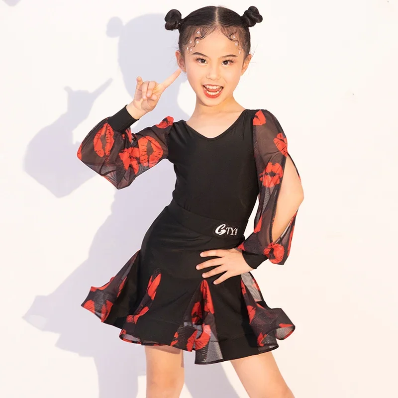 Girls Ballroom Dance Competition Dress Latin Dance Costume Kids Lip Print Cut-Out Sleeves Latin Dance Dresses