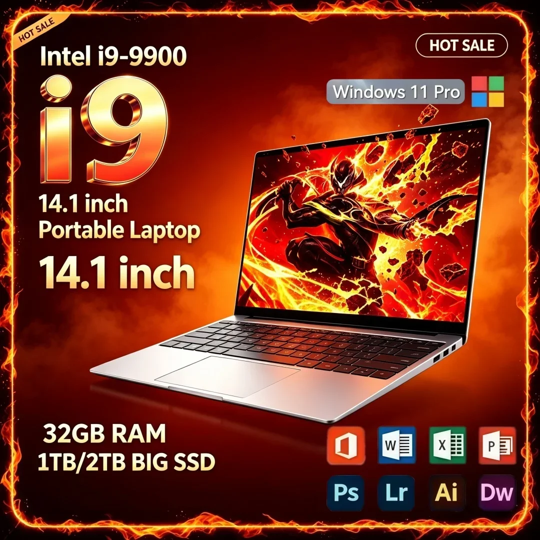 14.1 Inch Ultra-thin Portable 16GB/32GB RAM Laptop 1/2TB Large SSD 2026 Intel I9-9900 Windows11