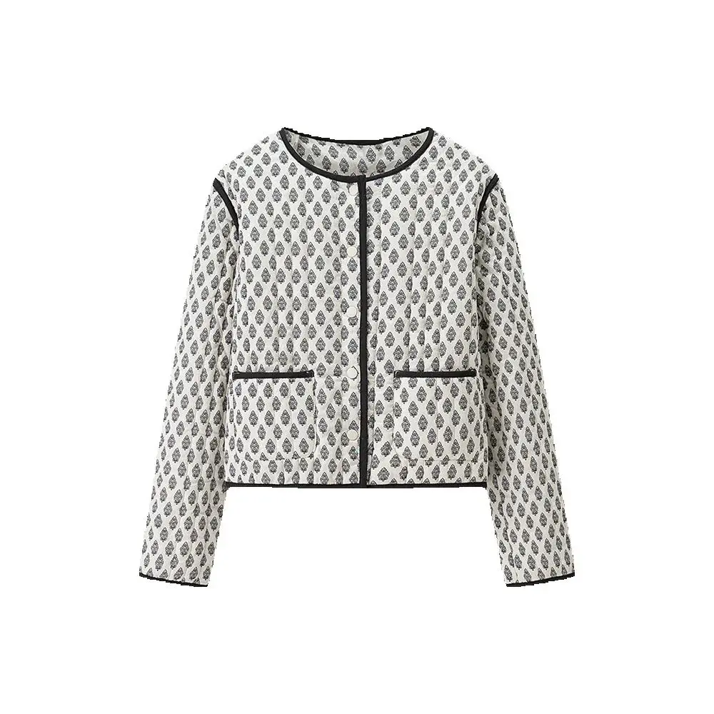 

Новая осенне-зимняя модная женская одежда, простая и универсальная, стеганая хлопковая куртка с круглым вырезом и принтом.