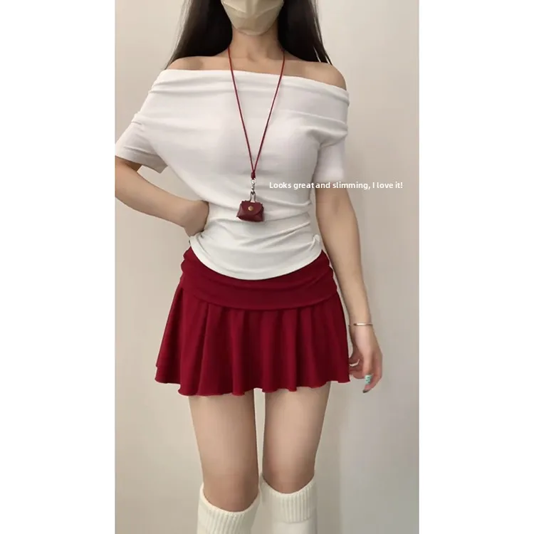 White Flattering Tennis Skirt Women's Casual Ant Waist Slimming ort Skirt Summer 2025 New American Sle High Waist Elastic...