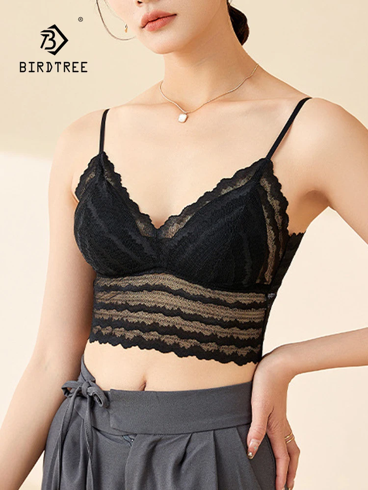 

Birdtree Lining 100%Mulberry Silk Underwear For Women Without Steel Rings Comfortable Breathable French Sexy Lace Bra P3N656QC