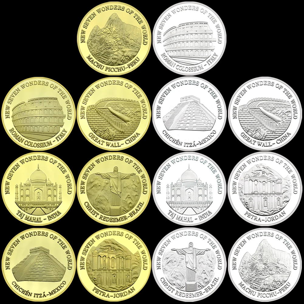 14pcs 2007 New 7 Wonders of The World GOLD and SILVER Coins World Classic Historic Site Medal in Capsule Art Worth Collection