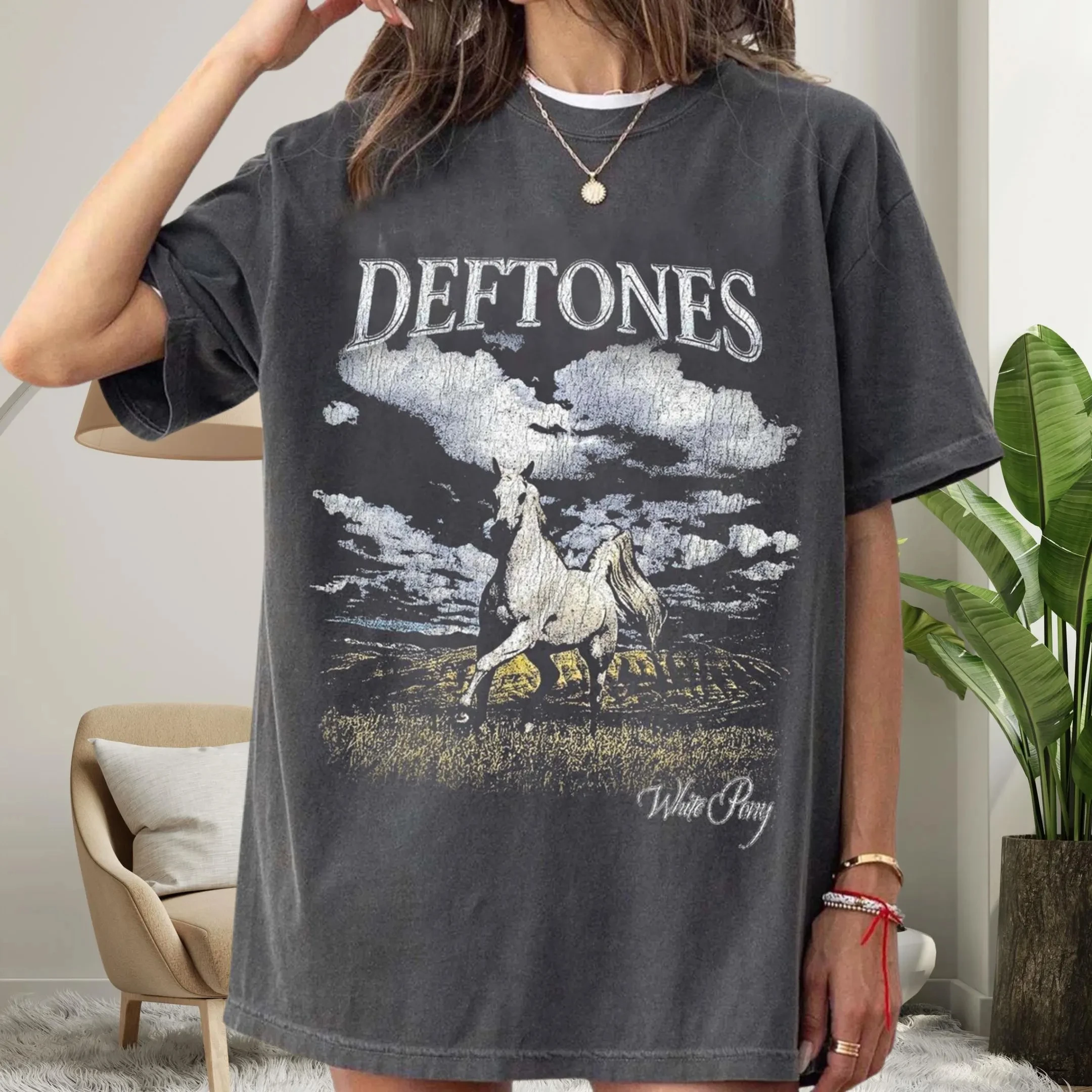 

Plus Size Summer Women's Vintage Deftones White Pony T-Shirt Cotton Breathable Stylish Versatile Street Style Oversized