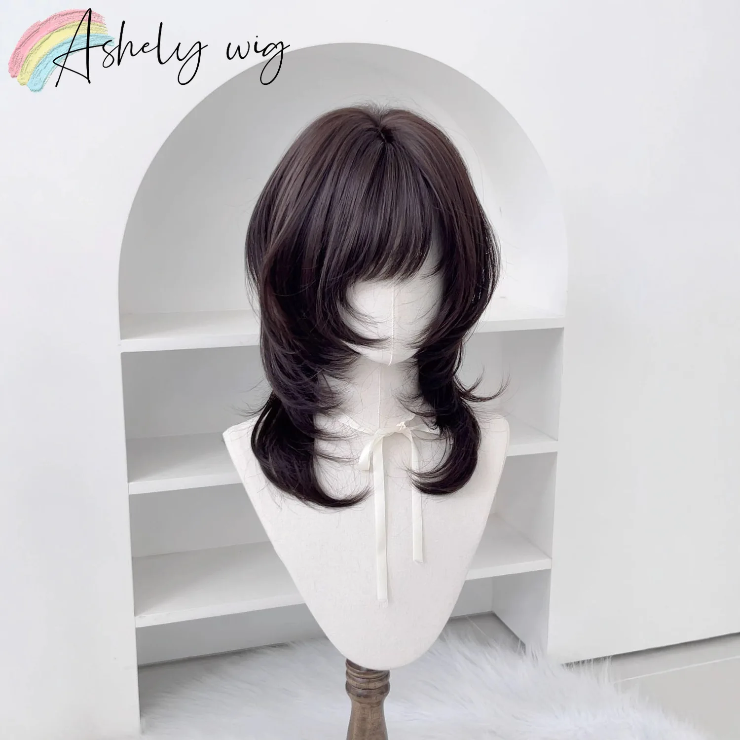 Black Brown Wig with Bangs Layers Jellyfish Headband Wig for Women 16inch Lolita Cute Synthetic Wigs for Daily Use 가발 Pelucas