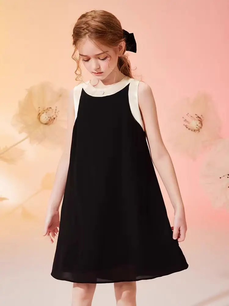 Summer Children\'s Elegant Slim Fit Black One piece Tank Top Dress Sleeveless Formal Occasion Party Dress 4-10Y