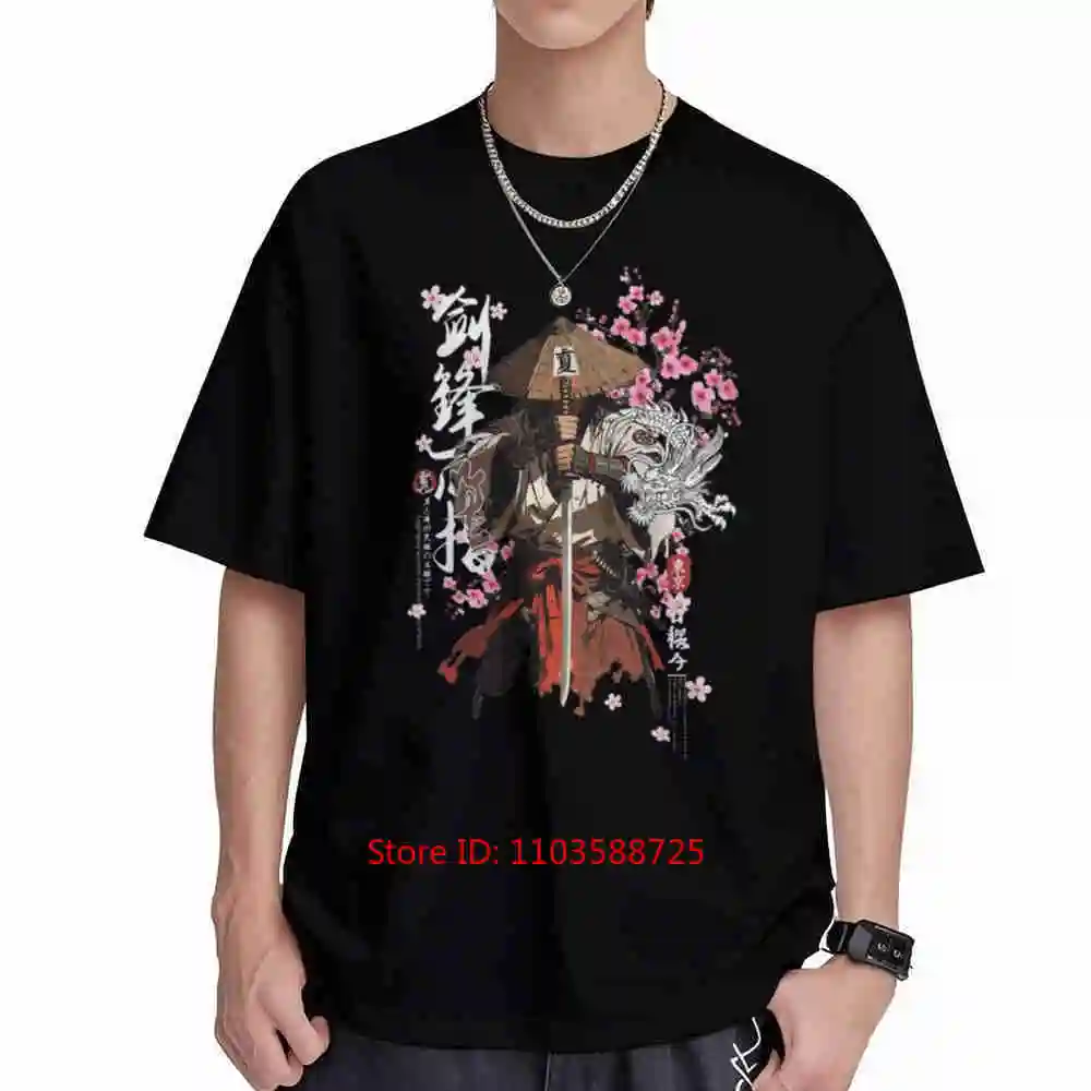 Samurai Cherry Blossoms Y2K Japanese Ink Comic Short Sleeve Tee 100% Cotton T-Shirt