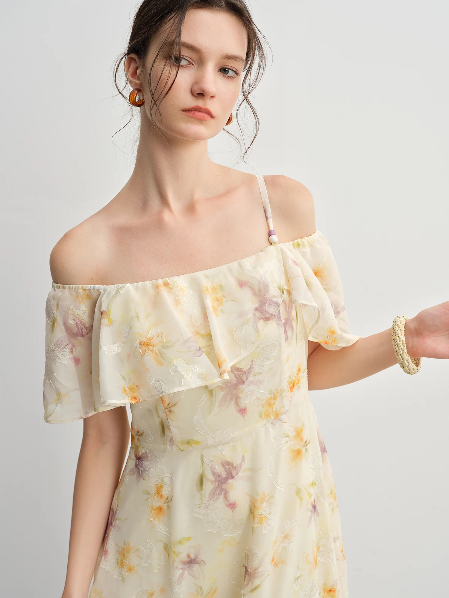 ​ DUSHU Sommer 2025, bedrucktes Kleid – fließender Rüschensaum, botanisches Midi-Maxi-Resort zum Büro ​