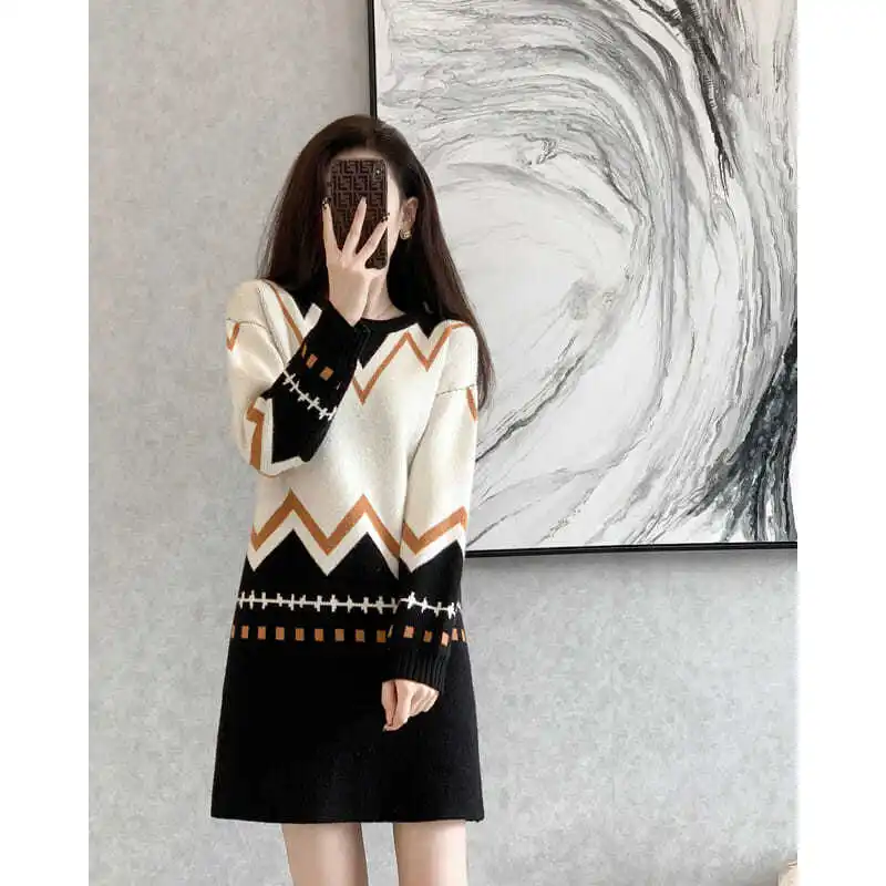 2024 Autumn Winter New All-match Temperament Knitting Sweater Dresses Interior Lapping Vintage Dress Ladies Loose Casual Dresses