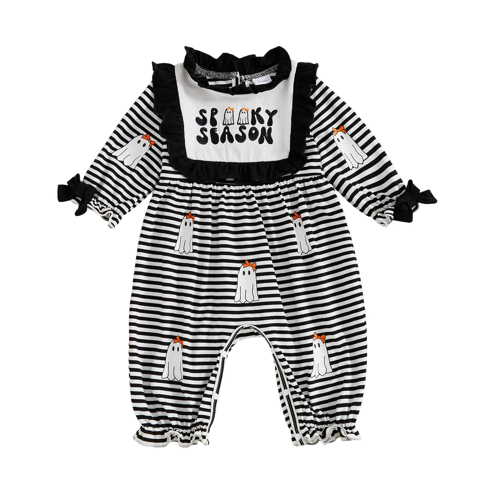 

Baby Girl Halloween Romper Long Sleeve Round Neck Stripes Print Jumpsuit Infant Pajamas