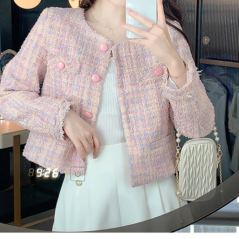 HELIAR Women Elegant Jacket Pink Tweed Buttons Up Cardigan Coat Female Long Sleeve Tassel Office Outerwear Autumn Winter