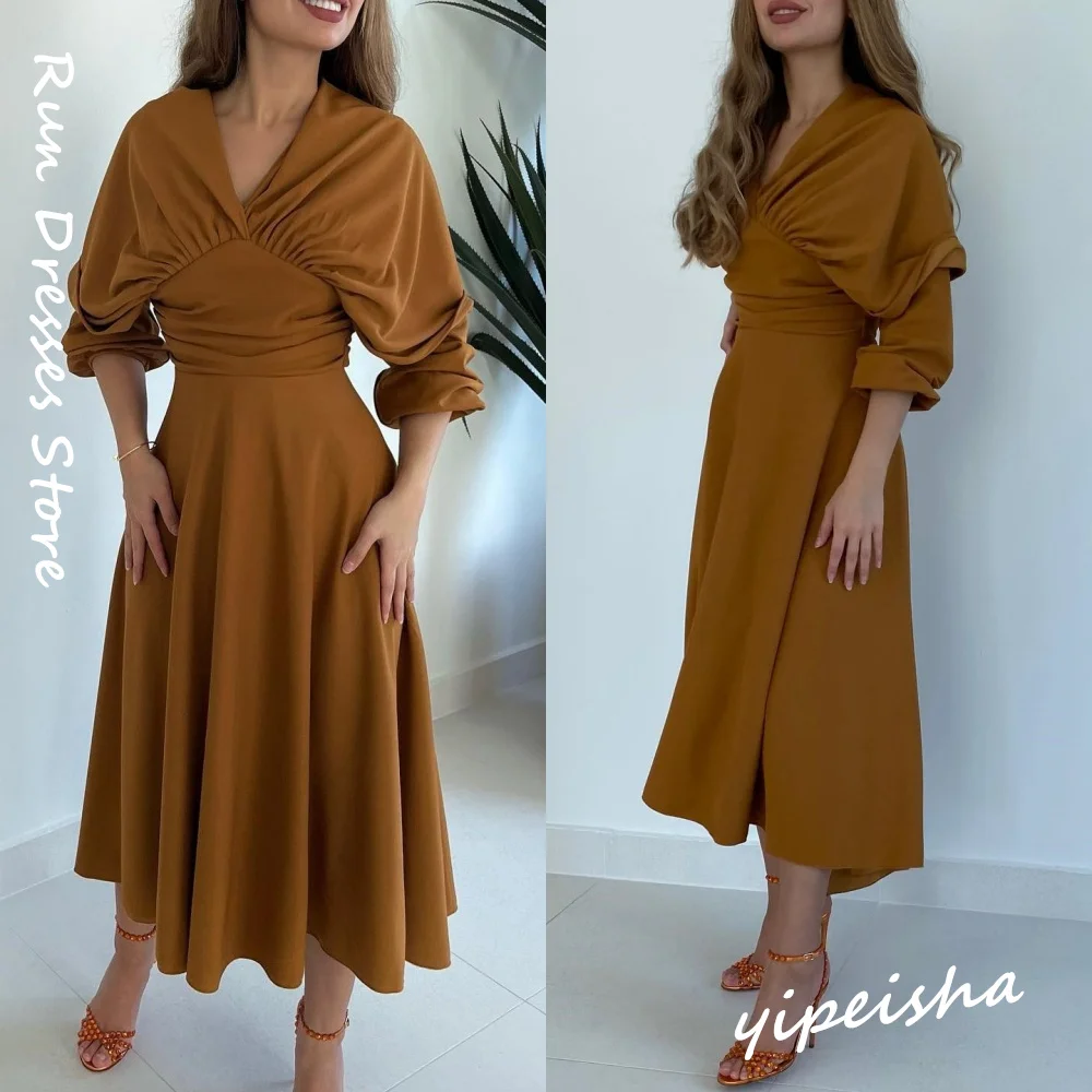 

Simple V-neck A-line Anke Length Homecoming Dresses Draped Chiffon Formal Occasion Gown свадебное платье в стиле бохоплатья свад