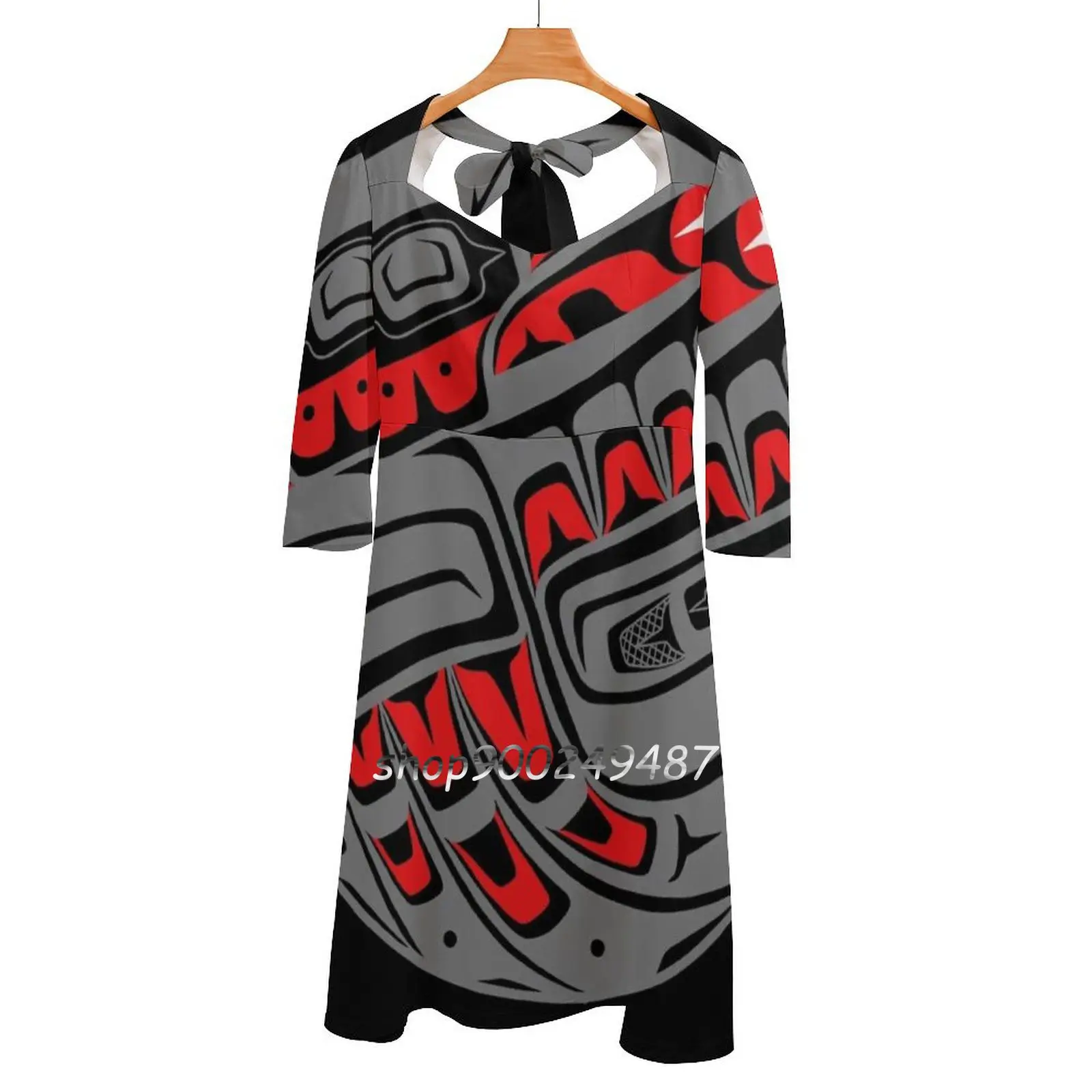 Raven Steals The Sun , Tlingit Style , In Gray Square Neck Dress New Plus Size Elegant Women Waist Tight Dress Raven Steals The