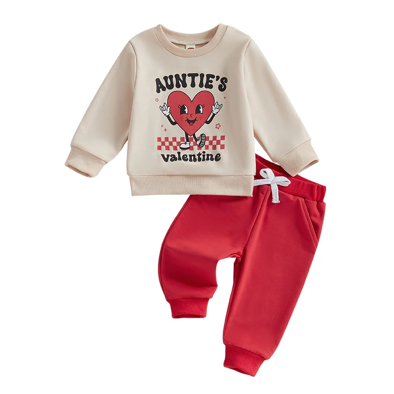 Baby 2Pcs Valentine’s Day Outfits Long Sleeve Cartoon Print Sweatshirt and Pants Set Spring Clothes