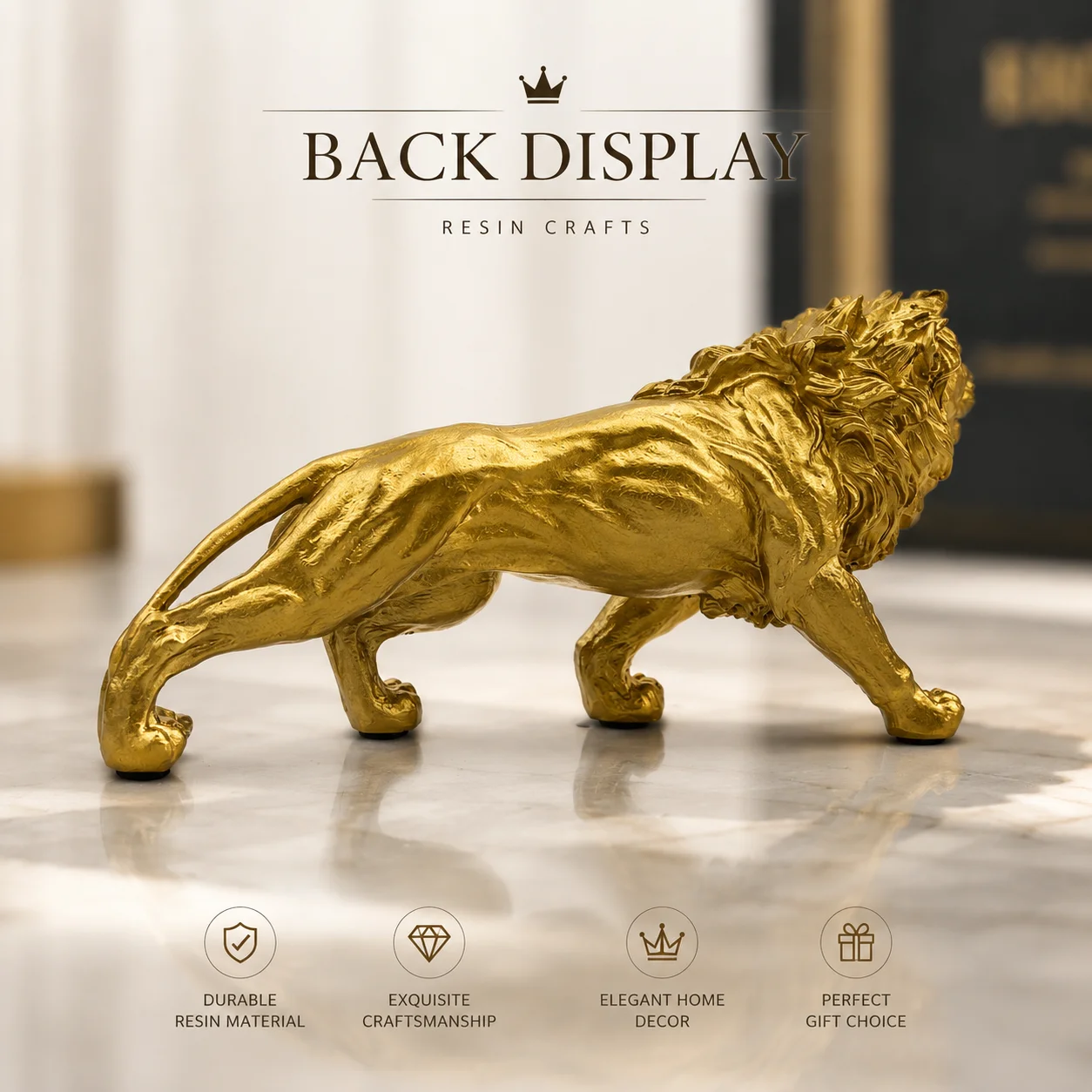 Golden Lion Statue Decor Resin Sculpture with Non Slip Pads Luxury Figurine for Home Office Shelf Desk Decoration