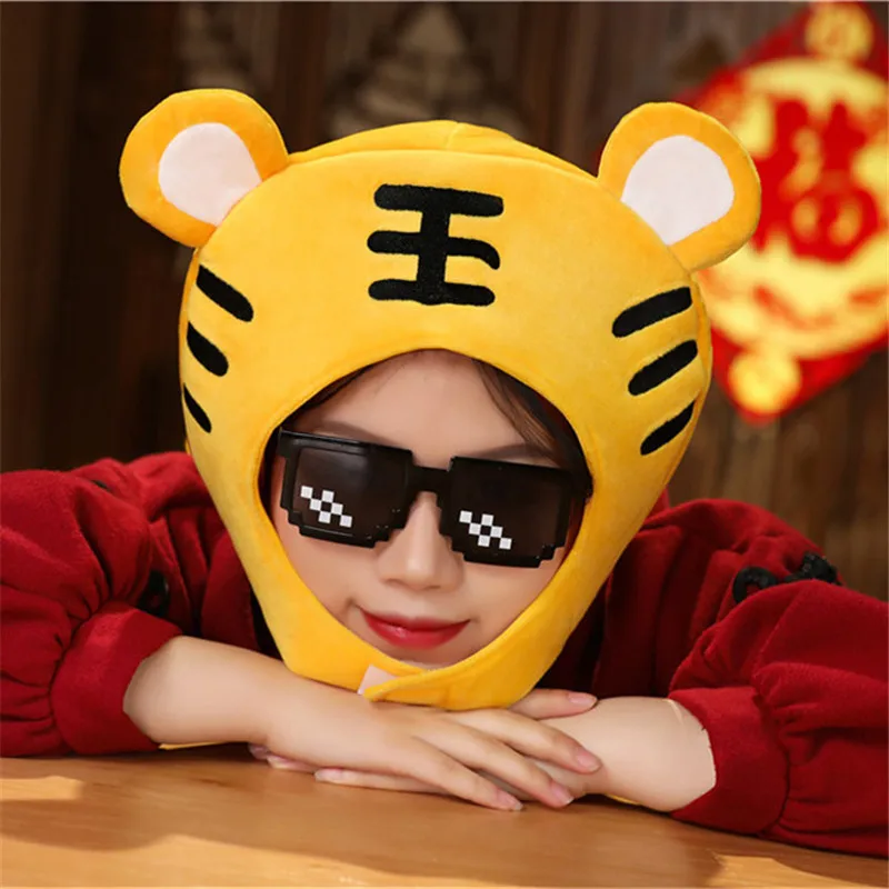 Chinese Zodiac Tiger Toy Hat Cap, Cartoon Animal Head Mascot Hats, Creative Kids Plush Hood, Children Party Toys Favors