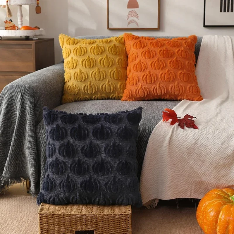 Halloween Pumpkin Throw Pillow Cover Classic Orange Polyester for Living Room Bedroom Sofa Decor (Pillow Not Included) 2pcs