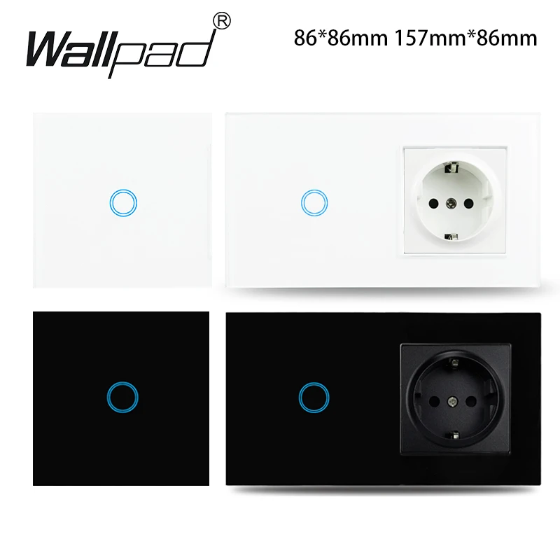 Touch Light Switch With EU Power Wall Sockets White Black 300W Led 1 Gang 1 Way Crystal Glass Panel Interruptor 157mm*86mm