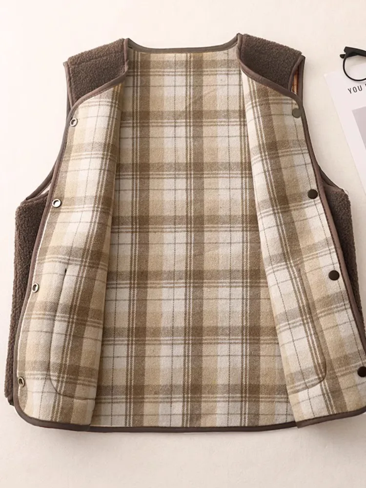 Abbigliamento retrò su entrambi i lati Plaid lana di agnello gilet donna 2024 nuovo inverno reversibile Casual gilet allentato giacche senza maniche in velluto