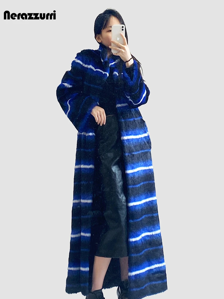 Nerazzurri Winter Extra Long Thick Warm Colorful Striped Fluffy Faux Mink Fur Coat Women High Quality Maxi Furry Overcoat 2023