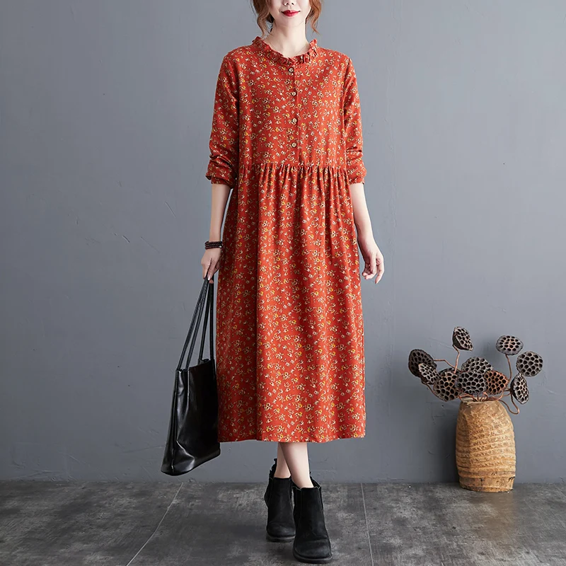 Retro Artistic Cotton Linen Shirt Dress Loose Large Size Fashionable Floral Long Women's Clothing Commute Style A-Line Skirt