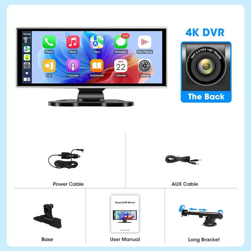 Develuck 11.26 polegada traço cam 4k carro dvr sem fio carplay