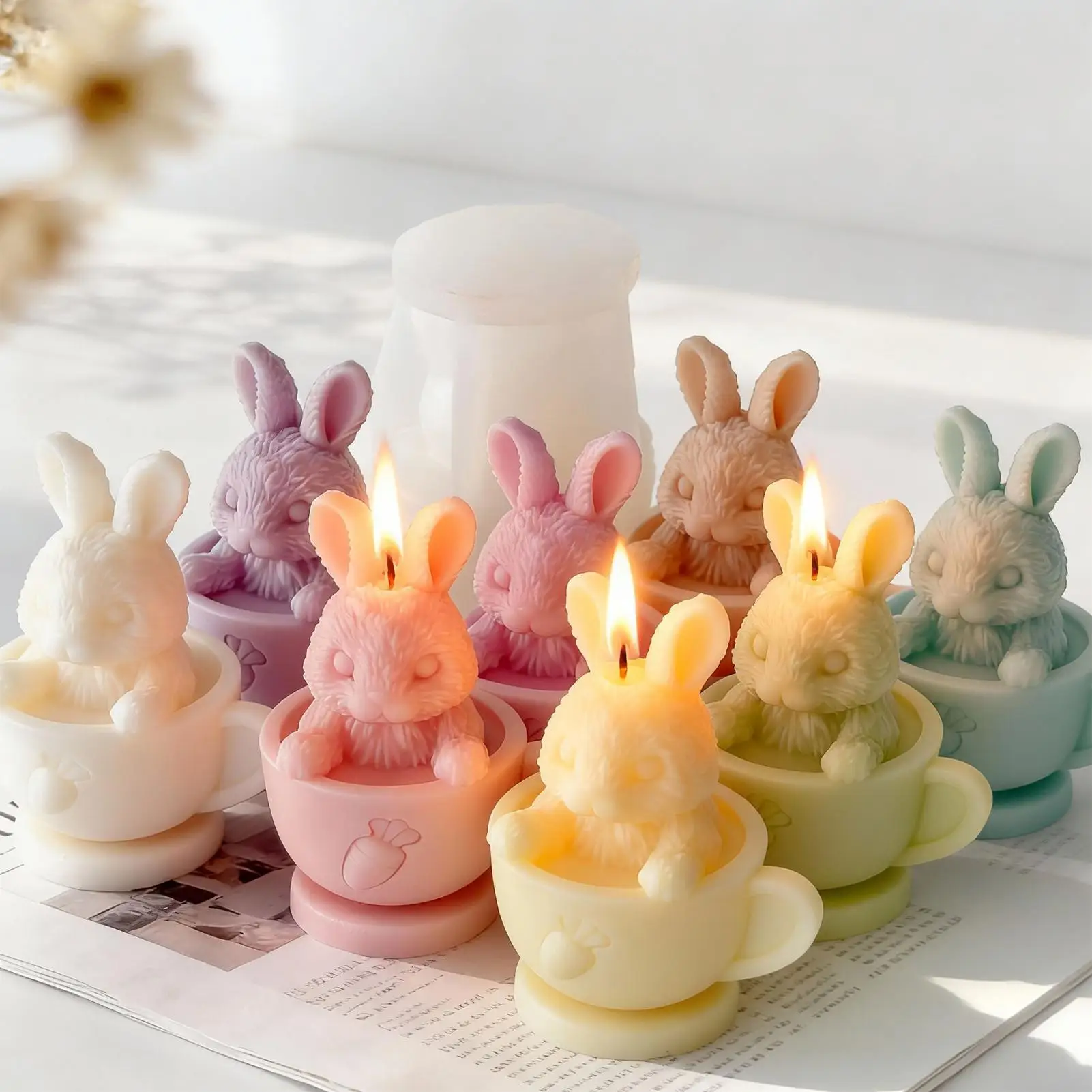 Easter bunny silicone mold, 3D bunny teacup candle mold, suitable for candle making, Easter spring holiday decorations