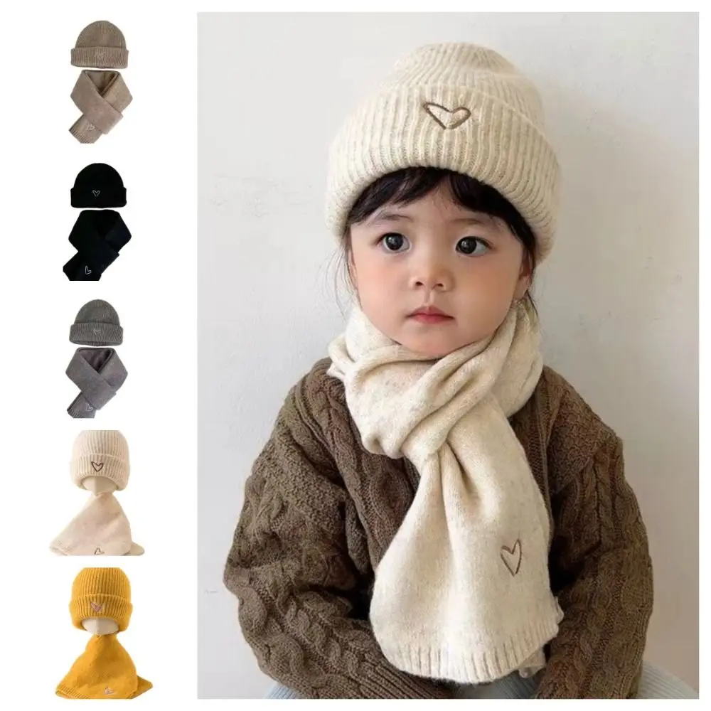 

Love Heart Embroidery Knitted Hat Scarf Set Solid Color Korean Style Crochet Warm Beanie Cap Windproof Warm Winter Pullover Cap