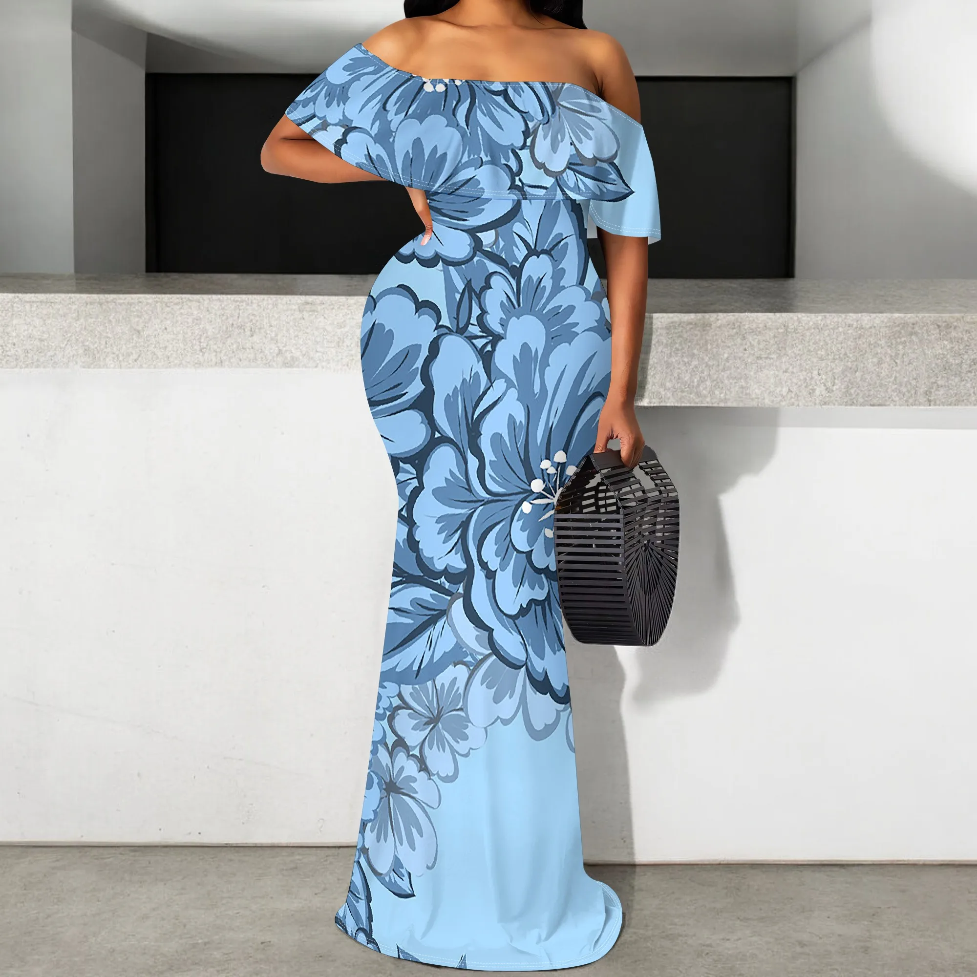 

Blue Floral Off Shoulder Maxi Dress S-3XL Mermaid Fit Elegant Summer Dress for Women Wedding Guest or Church Event