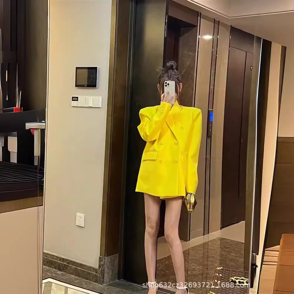 Fashion Yellow Oversize Blazer Coat for Women 2024 Early Autumn New Design Sense Chic Idle Style Casual Suit Jacket Top Ladies