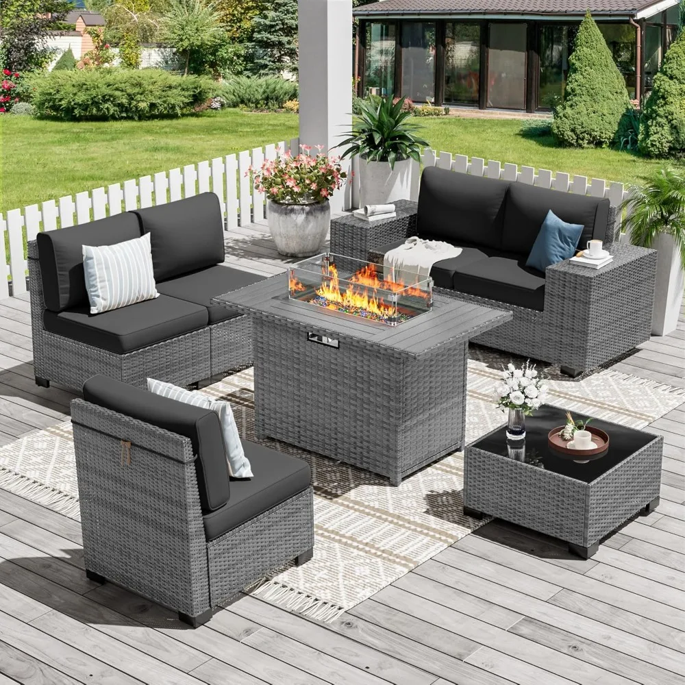 

Patio Furniture Set 7 Pieces Outdoor Furniture with 44" Fire Pit Table, Outdoor Conversation Set Sectional Sofa for, Customized
