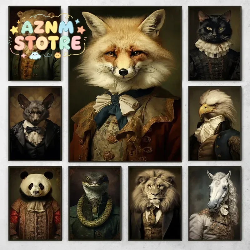 Retro Renaissance Animal Portrait Poster Fox Black Cat Lion Owl Royal Pet Canvas Painting Funny Wall Art Living Room Home Dec