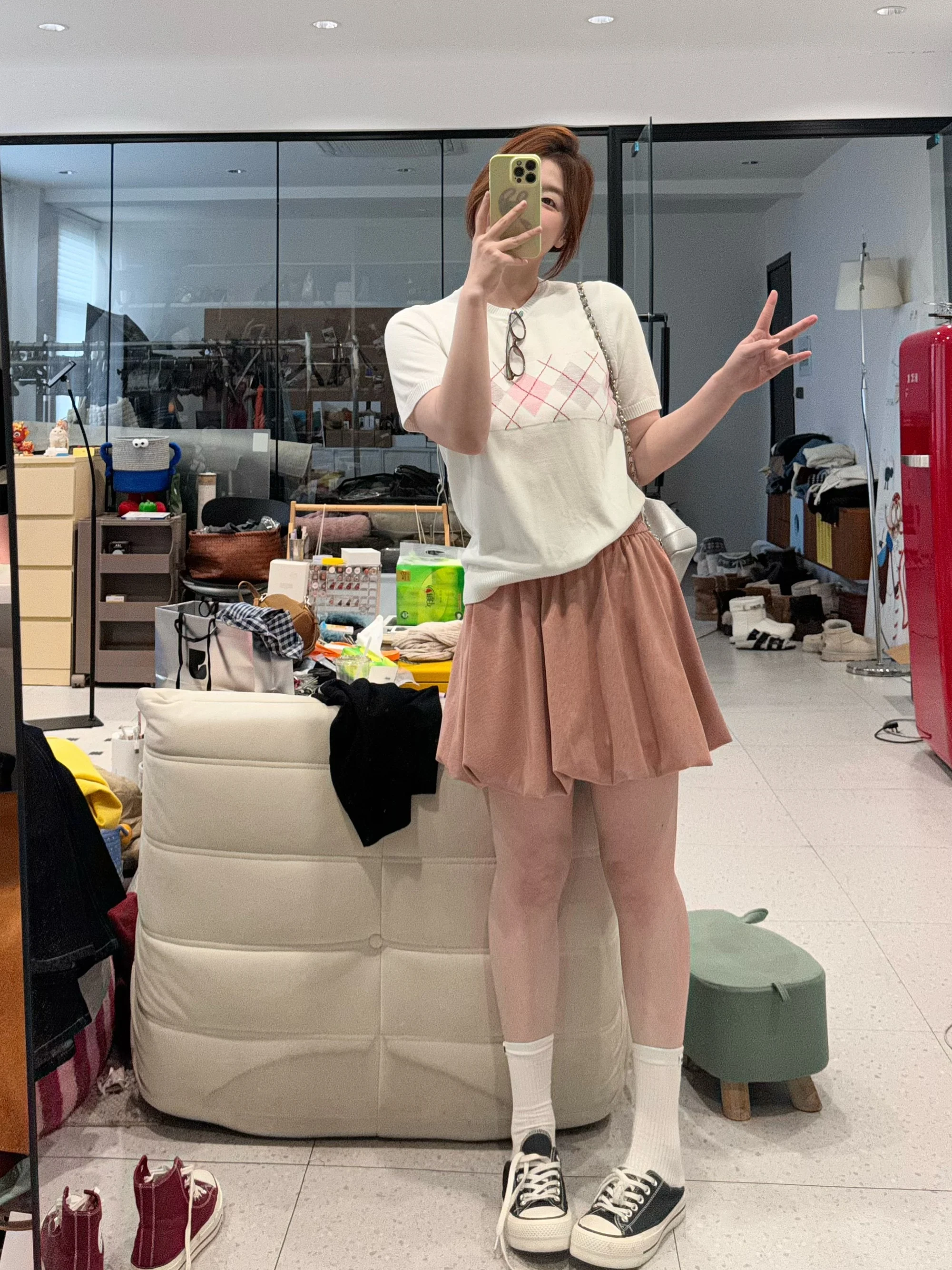

JINGU Color Block Knitted Short Sleeve round Neck Top Diamond Pattern Women's Straight Cut Polyester Fiber Spring Season Chin...