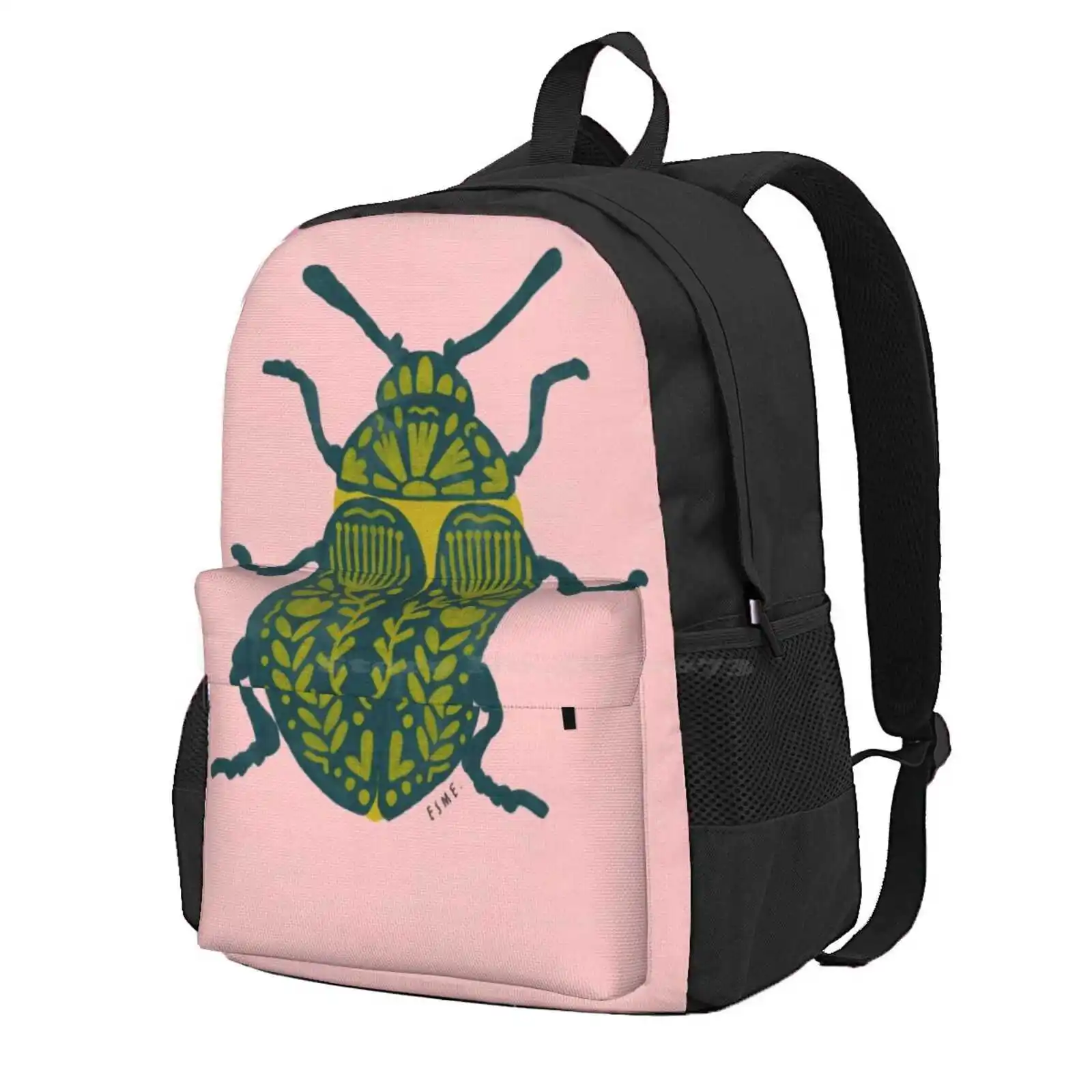 Scandi Beetle Floral On Pink Hot Sale Schoolbag Backpack Fashion Bags Beetle Scandi Pink Clash Yellow Green Floral Entomology