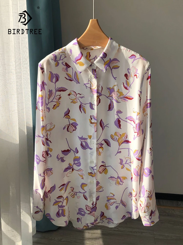 

BirdTree 18MM Real Silk Shirt For Women, Sand Wash Lapel Print, Elegant Fashion Blouses, 2024 Spring Loose Gentle Top T41602QC