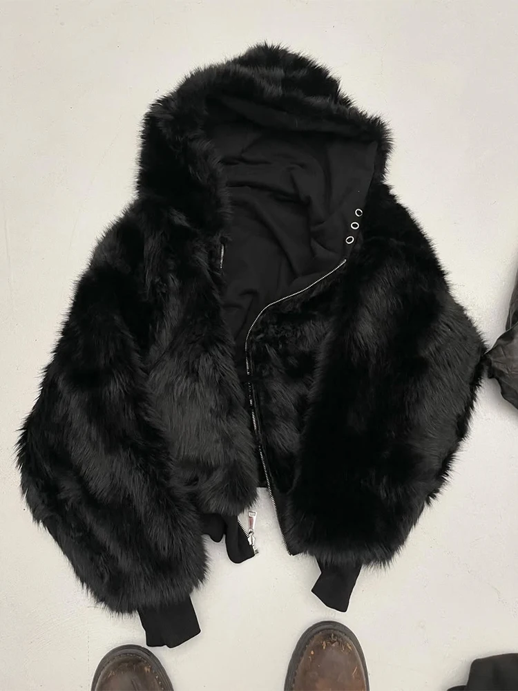 

Осень-зима, утепленная черная двусторонняя парка из искусственного меха большого размера, женская пушистая толстовка на молнии с капюшоном, 2025