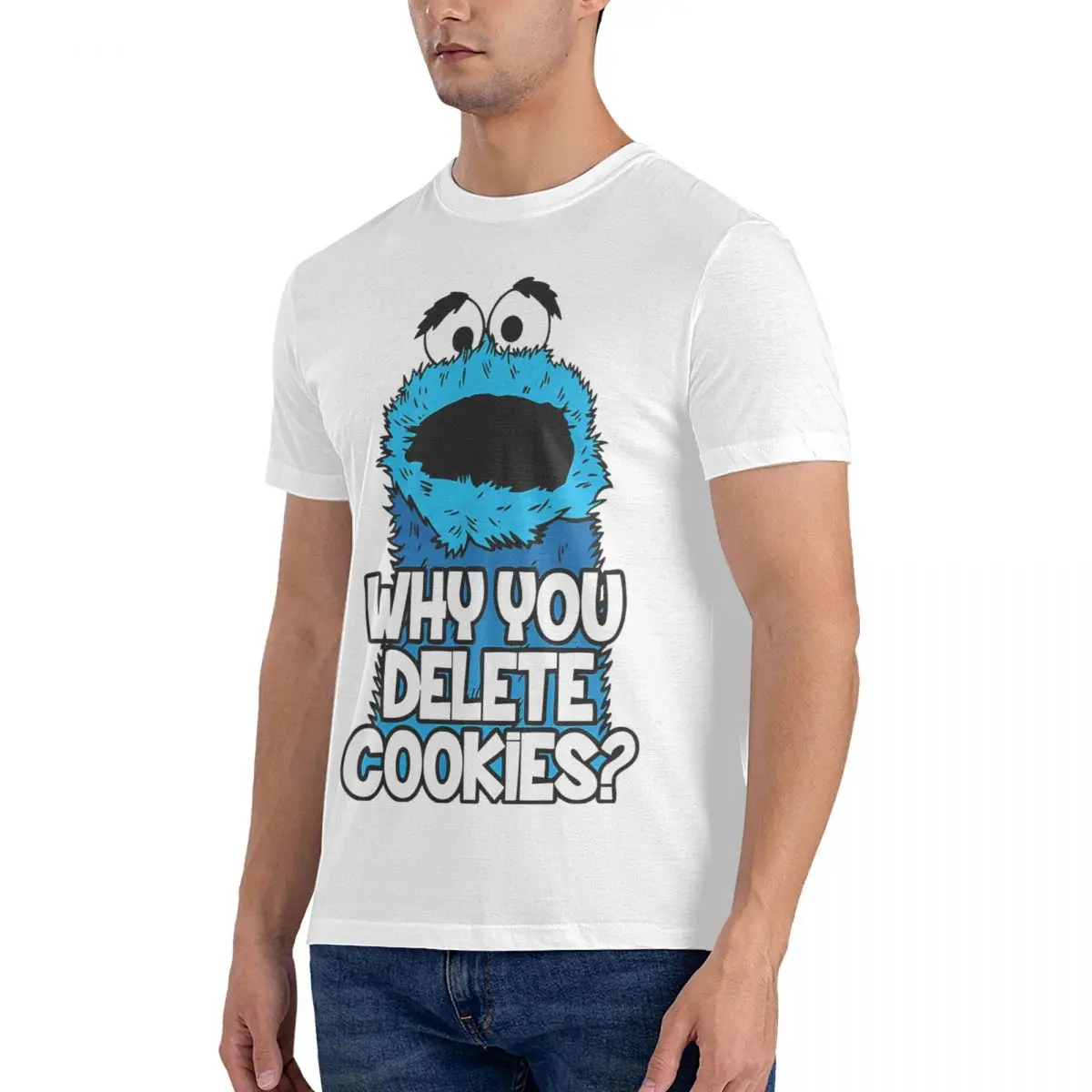 Men T-Shirt WHY You Delete Amazing Pure Cotton Tee Shirt Short Sleeve Cookie Monster T Shirts Round Neck Tops Printed