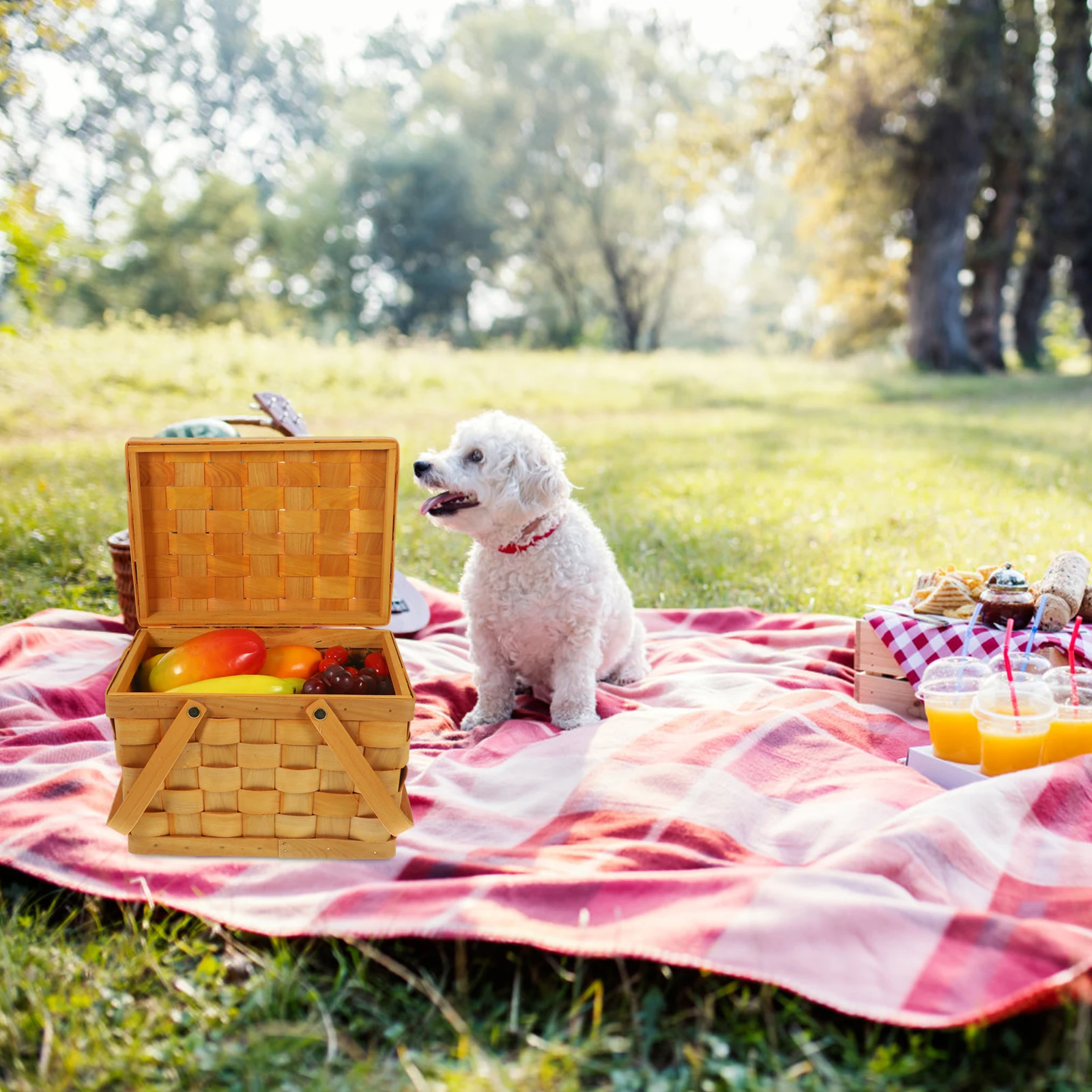 

Wood Chip Picnic Basket Double Handle Lidded Outdoor Storage Basket Multipurpose Woven Fruit Snack Organizer Berry Baskets