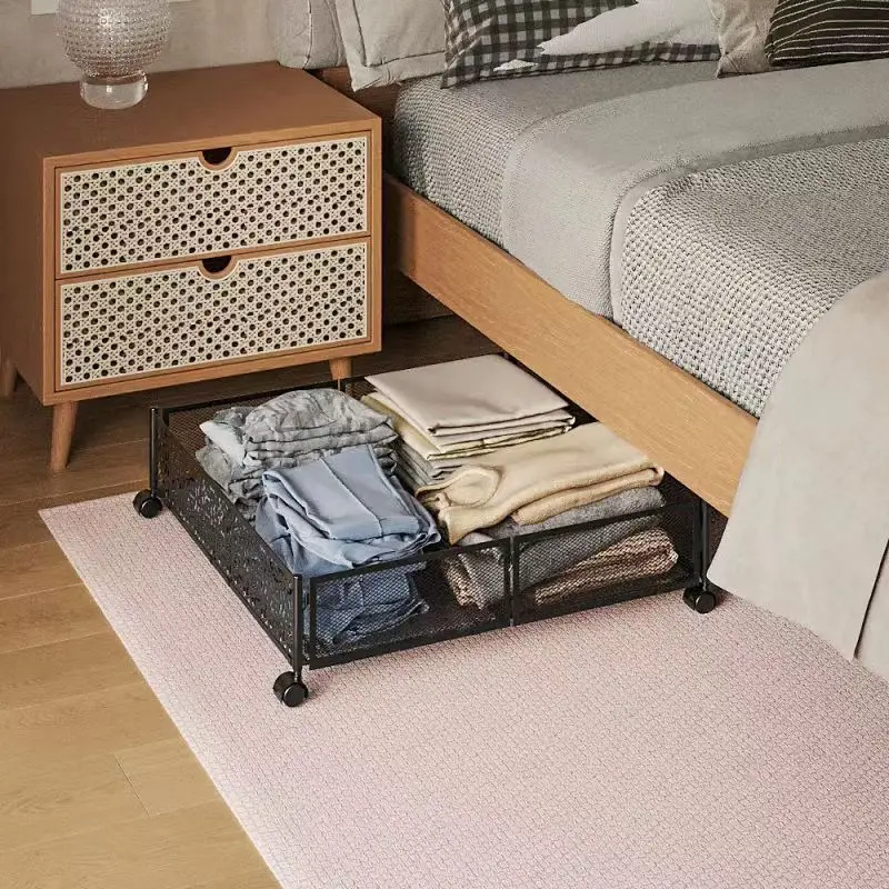 

Foldable wrought iron with wheels, bed bottom storage box, storage car with clothing, books, toys, bed bottom gap rack
