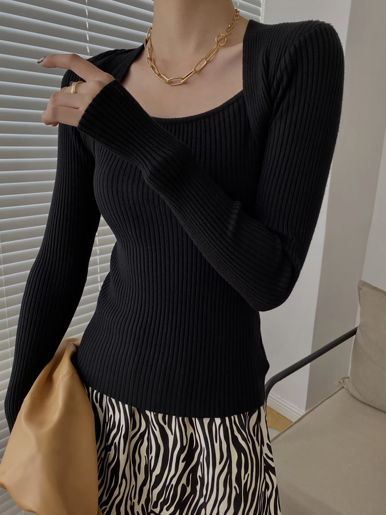 Women's Clothing Square-neck Bottoming Slim Sweater, Casual Long Sleeve Knit Sweater Fit Spring Fall