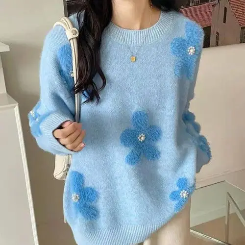 Women Winter Sweater and Pullovers Long Sleeve Oversized Chic Floral Knitted Jumpers Pink Knitwear Korean Streetwear Jumpers