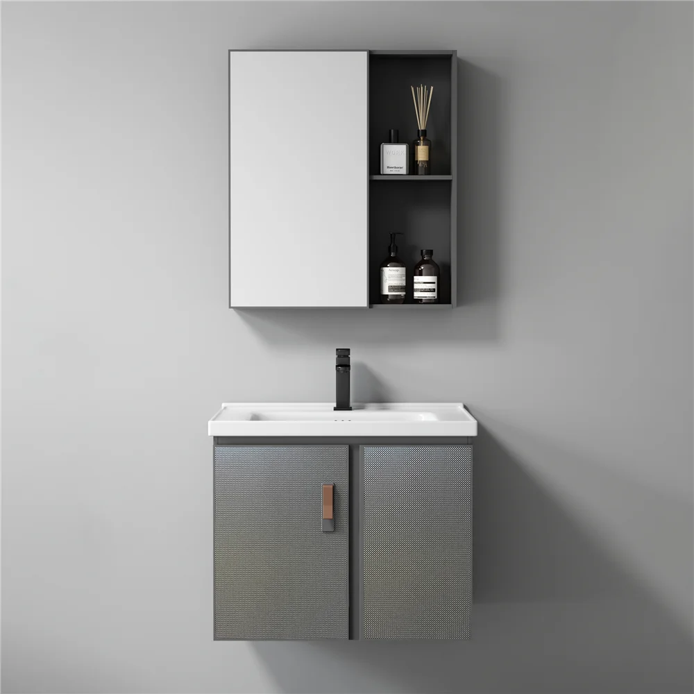 Armoire murale grise pour hôtel, petit miroir flottant accroché au mur avec évier