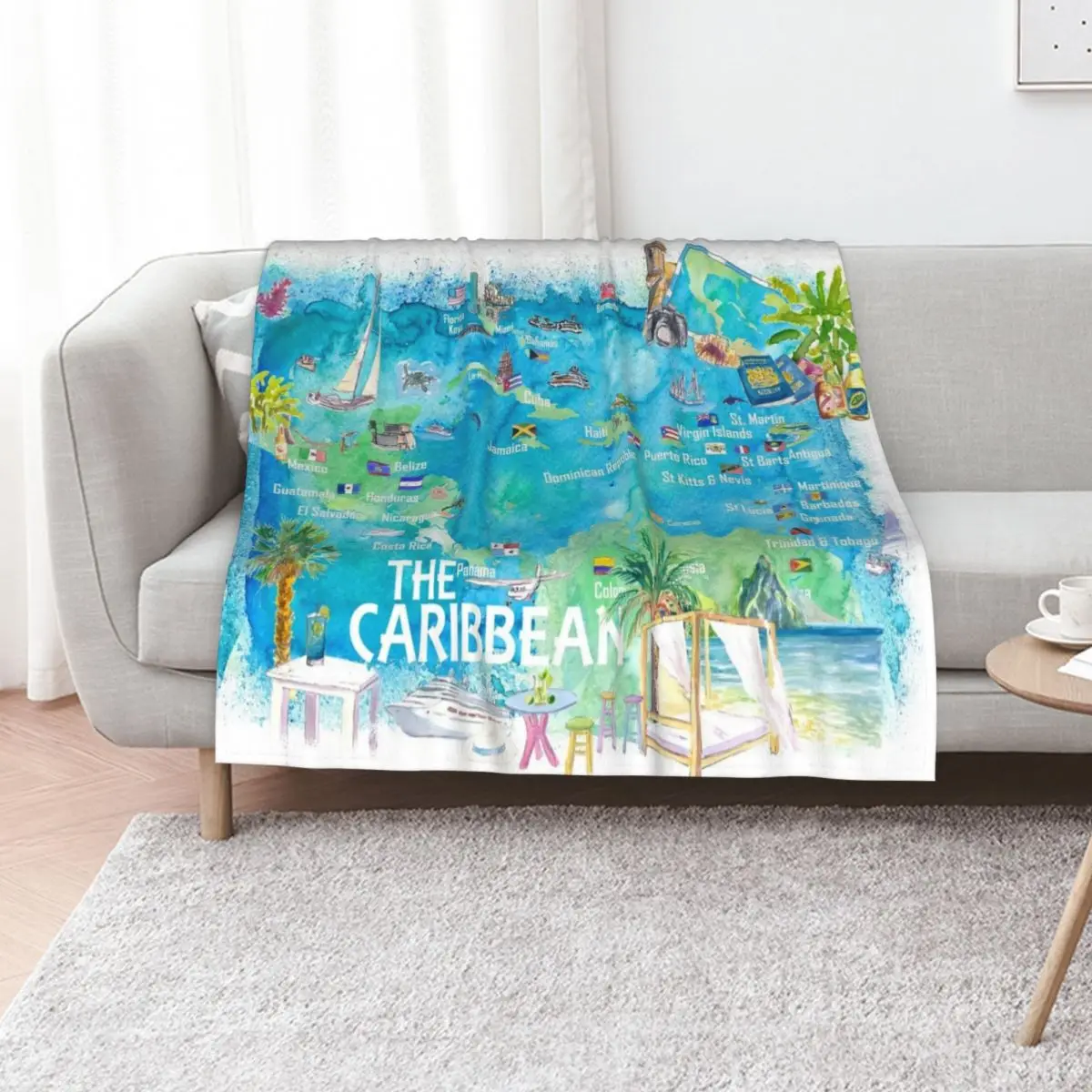 Eastern and Western Caribbean Illustrated Travel Map with Landmarks Highlights and Impressions Throw Blanket for babies Blankets