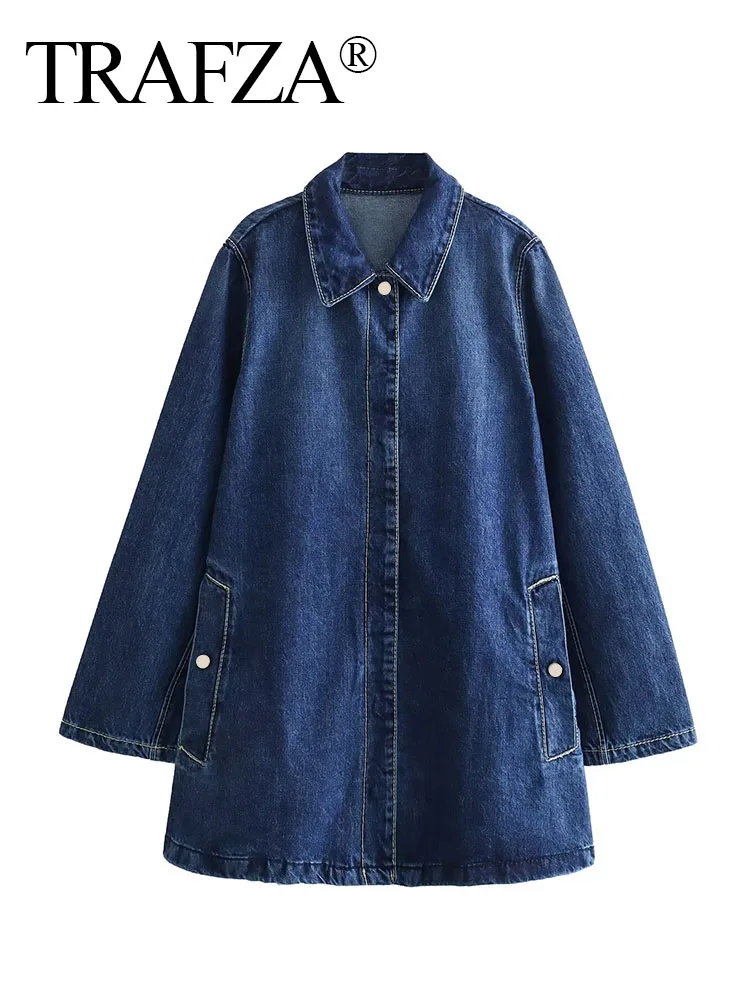 

TRAFZA Spring Female Denim Jacket Long Sleeves Loose Cardigan Woman With Metal Buckle Turn Down Collar Trendy Coat Mujer TRAF