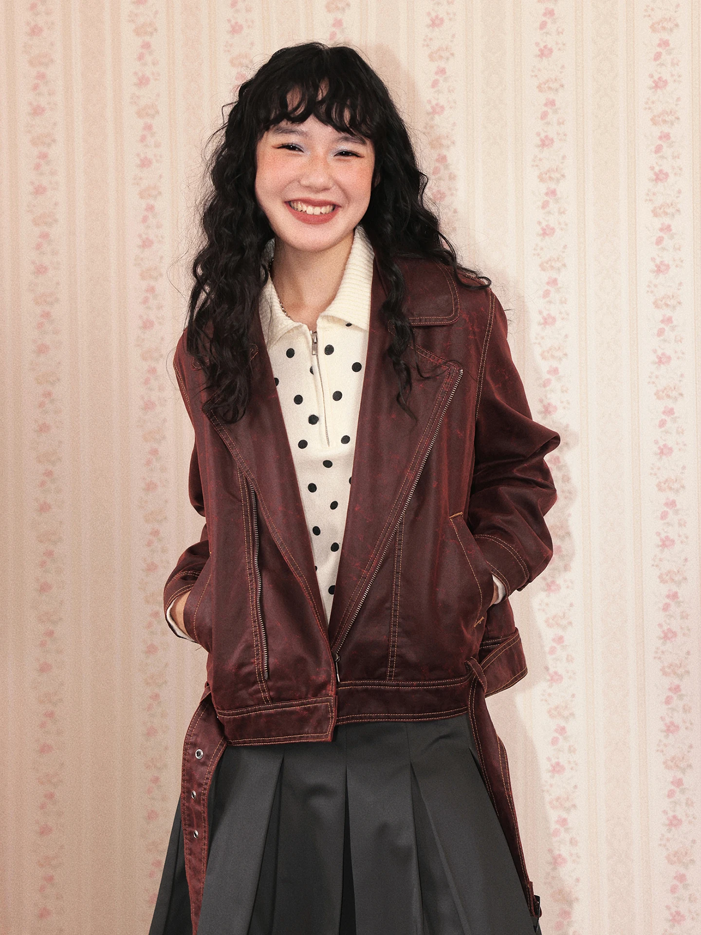 Chemical Girl ort Red Collar Jaet Top in pelle da donna, capospalla, nuovo stile casual, vestibilità ampia, manica lunga